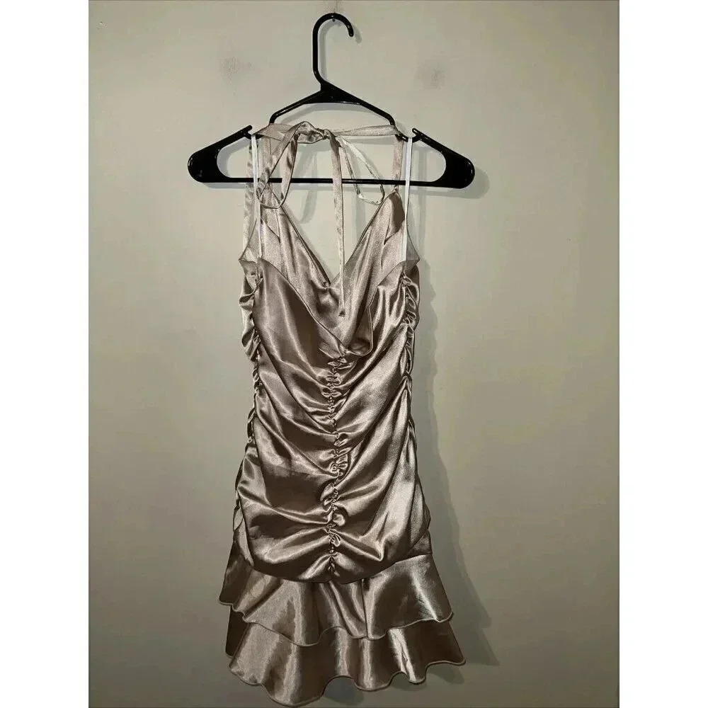 Vintage Y2K Jessica McClintock Ruffle Halter Dress Champagne Gold Women Size 10 - Picture 3 of 6
